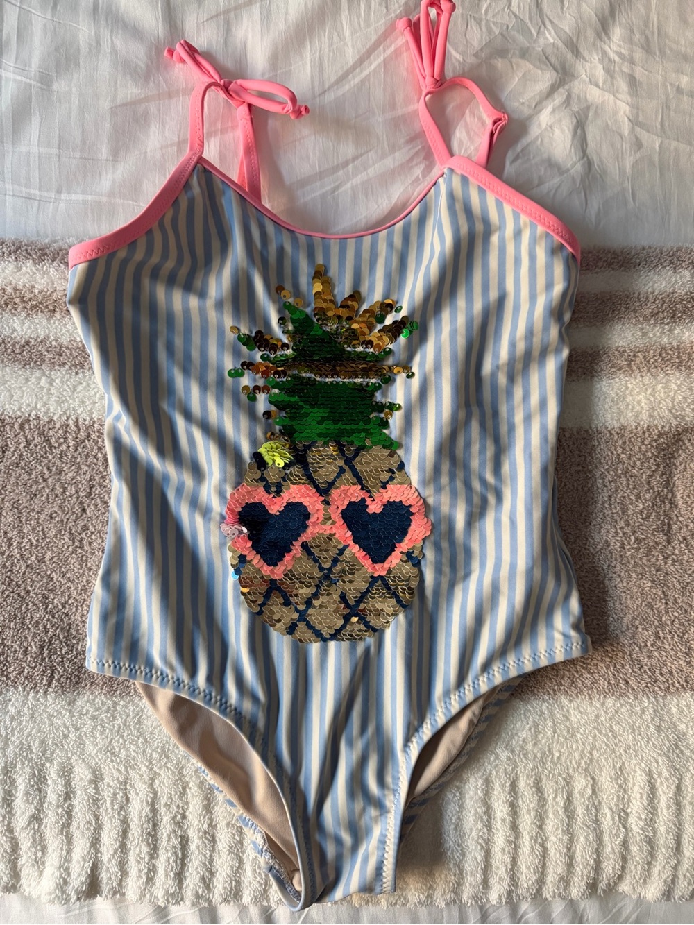 Girls' Blue Stripe Pineapple Sequin One-Piece Swimsuit with Pink Trim
